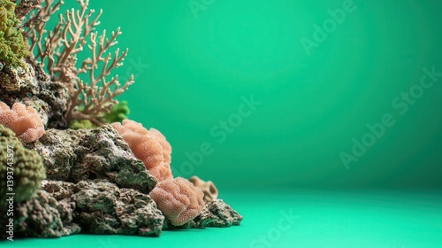 Underwater coral cliff covered with sponges, barnacles, and hard corals, green screen backdrop photo
