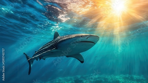 Whale shark slowly swimming past, accompanied by remoras, majestic underwater scene, green screen