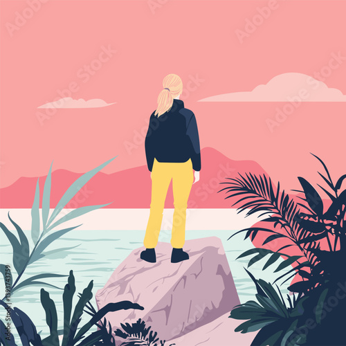 Woman Observing Sea from Rocky Coastline at Sunset