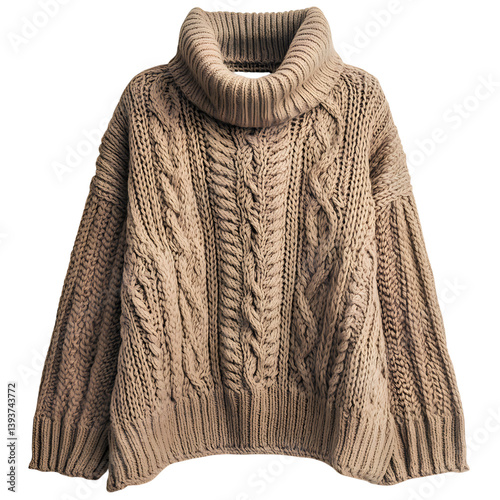 Chunky Knit Poncho with Turtleneck Collar Isolated on Transparent Background photo