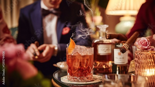 Elegant scene featuring a cocktail, cigars, and people in formal attire