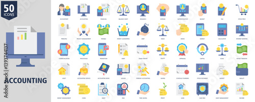 Accounting Icon Set Colour Style with accountant, accounting, financial, balance sheet, research, expense, authentication, budget, tax and stock price
