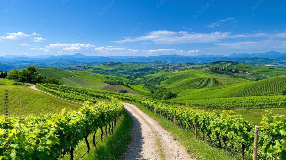 Sunlit Vineyard Landscape Rolling Green Hills and Dirt Road Sunlit Vineyard Landscape Rolling Green Hills and Dirt Road