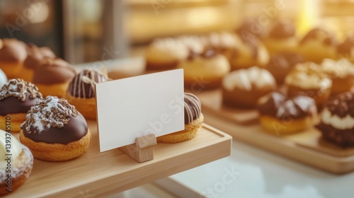 Blank price tags and signage. Assortment of Chocolate and Cream Pastries on Wooden Display with Blank Sign