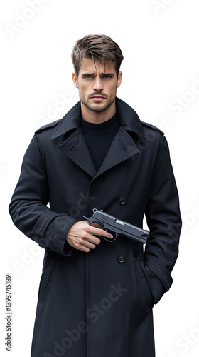Obraz na płótnie Confident man in black coat holding handgun on transparent background w salonie