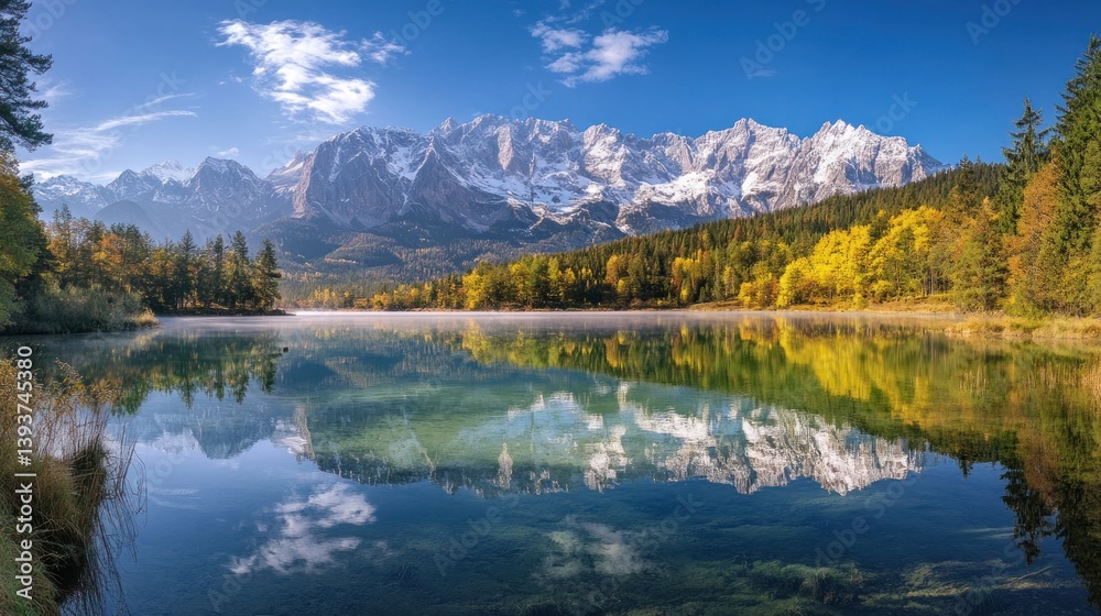 Fototapeta premium Serene autumnal lake reflecting majestic peaks. Tranquil alpine scenery