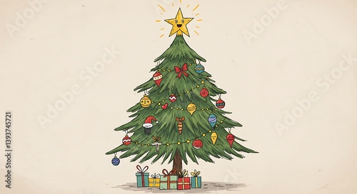 Cartoon Christmas Tree with Star and Gifts Illustration for Festive Season