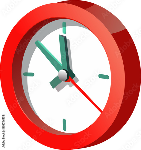 A vibrant 3D vector icon of a round red clock with teal hour and minute hands and a red second hand, showing the time. Represents time, deadlines, and schedules.
