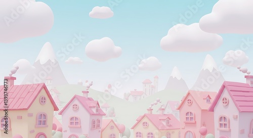 Cartoon Village Landscape with Houses, Clouds, Mountains, and Pastel Colors
