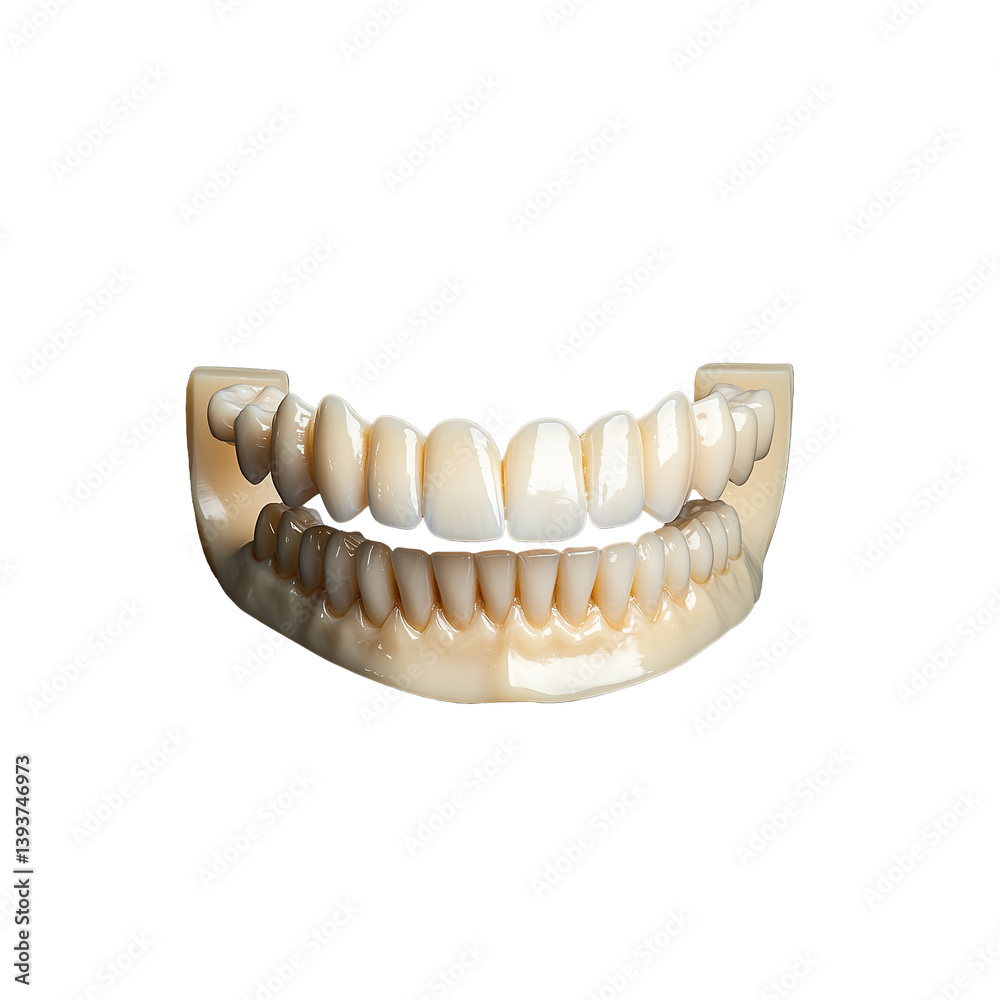 Realistic dental model with detailed teeth structure and gums on transparent background