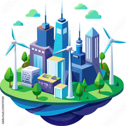 Isometric 3D vector illustration of a futuristic, eco-friendly city with wind turbines integrated among modern buildings and green spaces, under a cloudy sky. Represents sustainable urban development.