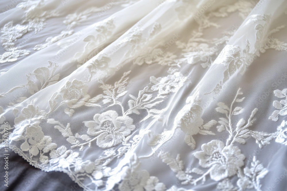 Obraz premium Delicate Tambour lace fabric featuring intricate floral embroidery. The lace is soft and translucent, showcasing detailed patterns of flowers and leaves.