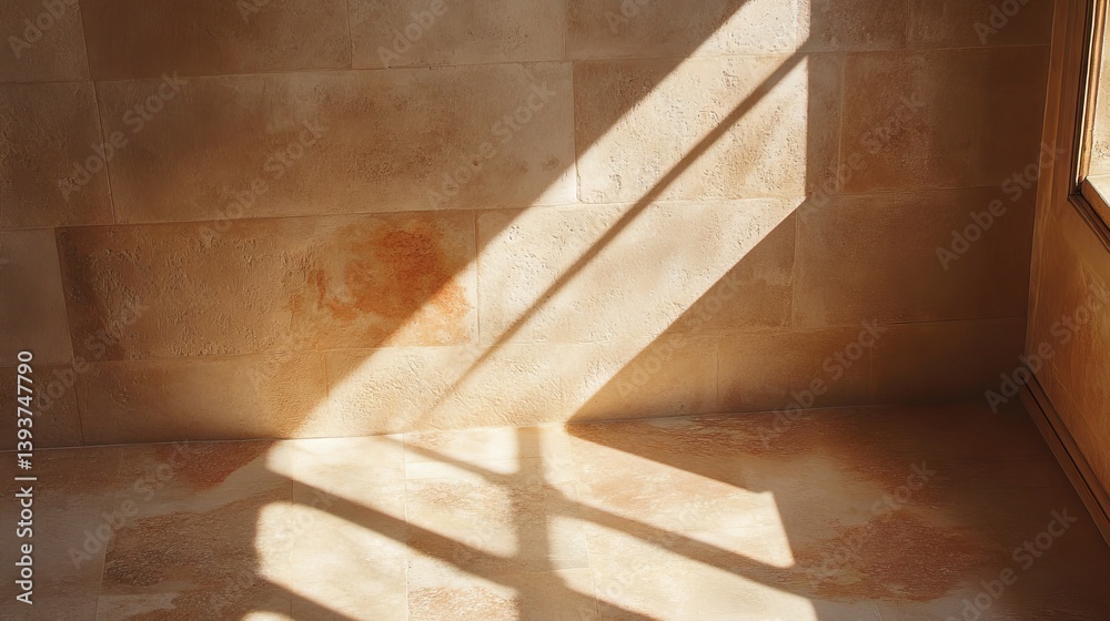 Sunlight beams through a window, casting a diagonal glow on textured walls and tiled floors. Warm and simple Sunlight beams through a window, casting a diagonal glow on textured walls and tiled floors. Warm and simple