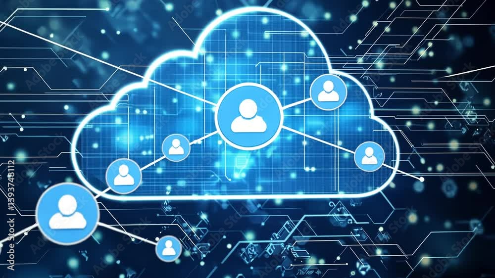 Dynamic animation of cloud computing network with user icons connecting and expanding Dynamic animation of cloud computing network with user icons connecting and expanding