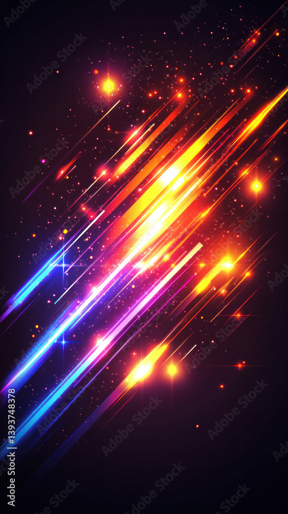 Obraz premium A colorful image of a starry sky with a bright orange line. The image is full of bright colors and has a dreamy, whimsical feel to it