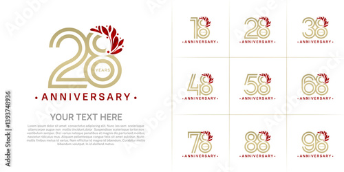 Anniversary logo type set with double line number and red floral ornament. golden color for celebration event