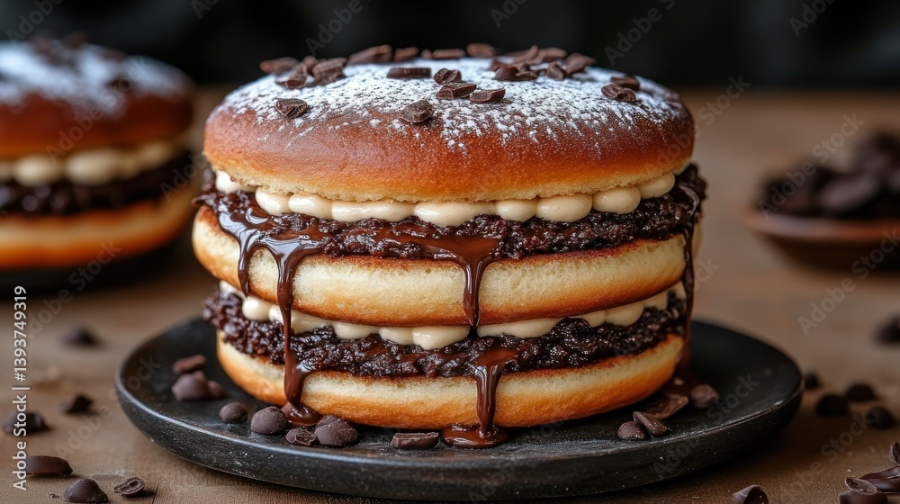 Stacked donut cake dessert with chocolate drizzle Stacked donut cake dessert with chocolate drizzle