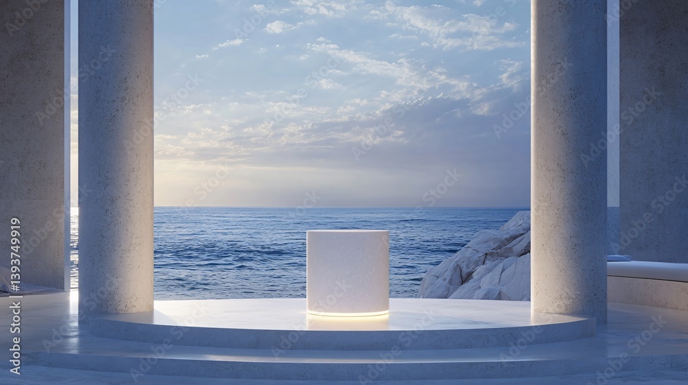 Fototapeta premium Minimalist coastal retreat serene ocean and modern sculpture in tranquil environment