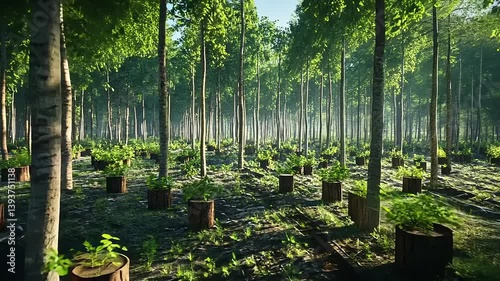 Lush forest landscape with tree stumps and new growth under sunlight, showcasing nature's resilience