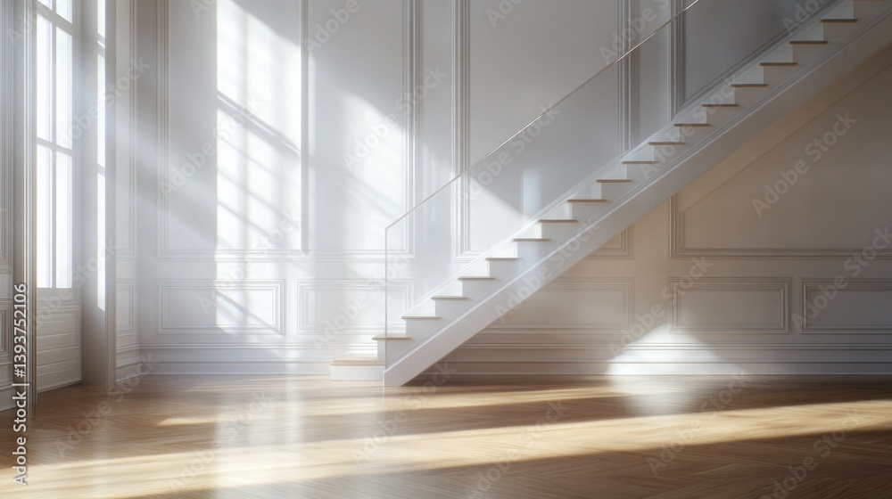 Obraz premium Sunlight streams into a spacious, elegant interior with a white staircase
