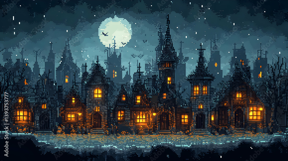 Fototapeta premium Eerie Pixel Art Town at Night with Full Moon and Glowing Windows Under Starry Sky