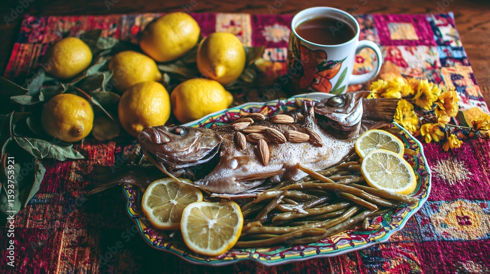 Fish dish with lemons, almonds, and tea served on colorful textile surface Fish dish with lemons, almonds, and tea served on colorful textile surface