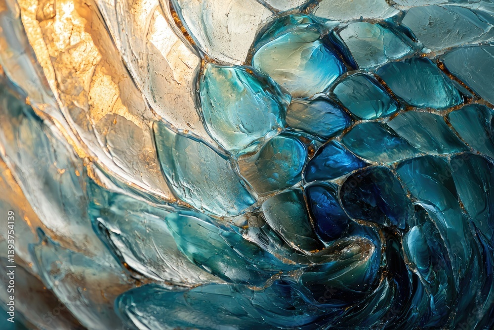 Obraz premium Abstract artwork depicting swirling teal and gold hues, resembling flowing water or a gemstone mosaic.