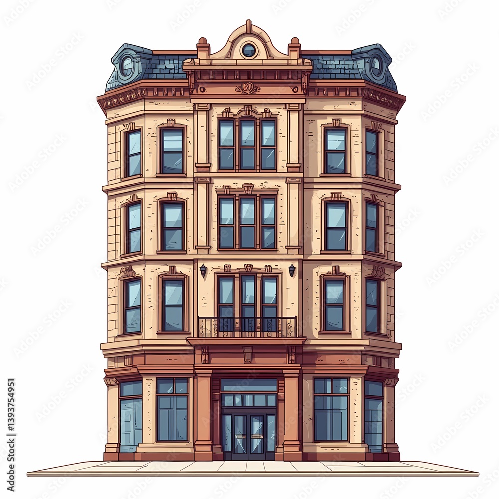 Fototapeta premium Elegant Vintage Four-Story Townhouse: Detailed Brick Architecture with Ornate Facade and Art Deco Symmetry