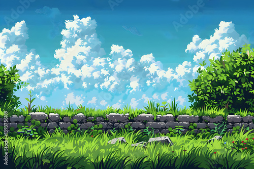 Lush Pixel Art Landscape with Stone Wall Green Grass and Cloudy Sky Under a Bright Sunlight in a Tranquil Outdoors