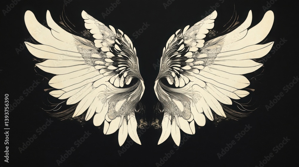 Obraz premium Detailed Vintage Angel Wings Illustration on Dark Black Background