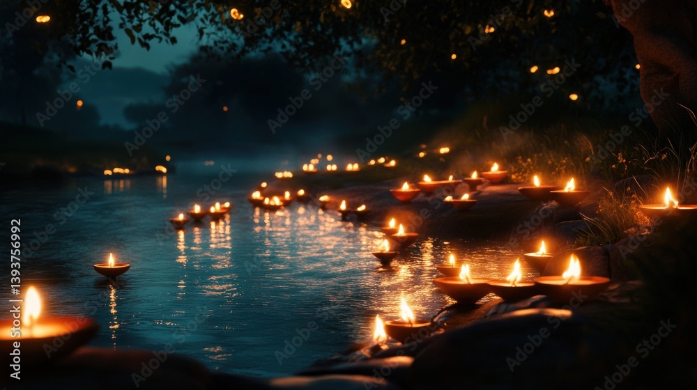 Fototapeta premium Many lit candles are floating in a body of tranquil water