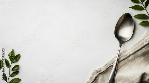 Stainless steel ladle resting on a kitchen towel, clean kitchen tools, white neutral background