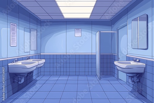 Modern Cartoon Bathroom Interior with Blue Tiles and Stylish Design