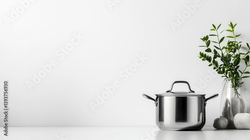 Stainless steel saucepan with lid, reflective surface, minimalistic white surroundings
