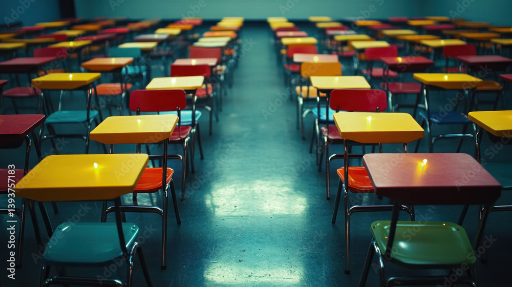 Obraz premium A row of brightly colored chairs sit empty in a large room. The chairs are arranged in a neat row, with some of them facing the camera. The room appears to be a classroom or a similar setting