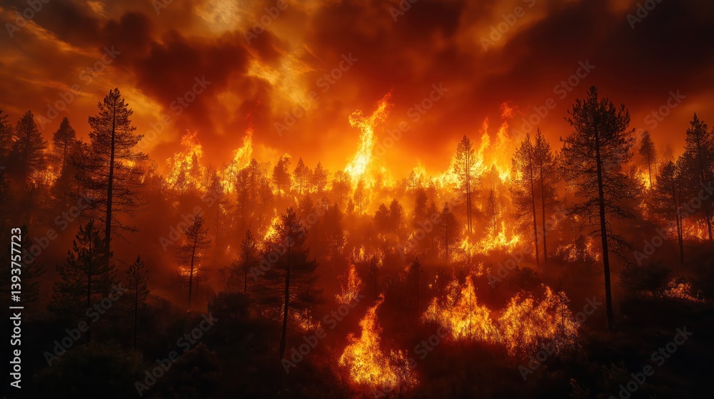 Intense wildfire engulfing dense forest with blazing flames and thick smoke rising into the sky Intense wildfire engulfing dense forest with blazing flames and thick smoke rising into the sky