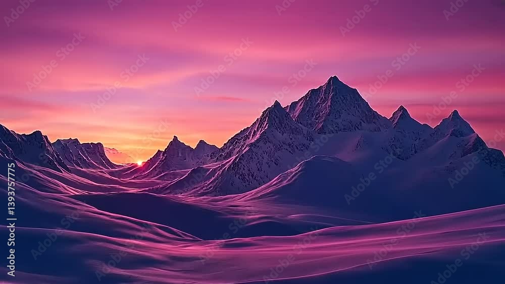 Majestic snow-covered mountains at sunset, casting vibrant colors across the sky and landscape Majestic snow-covered mountains at sunset, casting vibrant colors across the sky and landscape