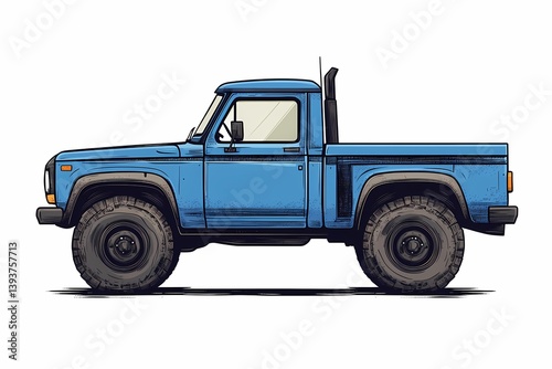 Blue Vintage Pickup Truck Illustration: Classic Off-Road Adventure Vehicle - Retro Style Automotive Design & Rugged Transportation on Dirt Road