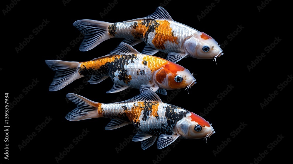Fototapeta premium Three colorful Koi fish in a studio setting, showcasing their beautiful patterns and colors. Possible use Stock photo for nature, pet, or aquarium publications