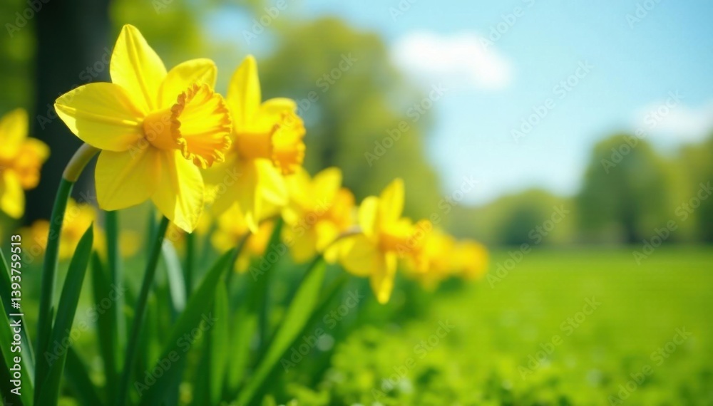 Vibrant yellow daffodil flowers rise above lush green field on sunny day, sunshine, bloom Vibrant yellow daffodil flowers rise above lush green field on sunny day, sunshine, bloom