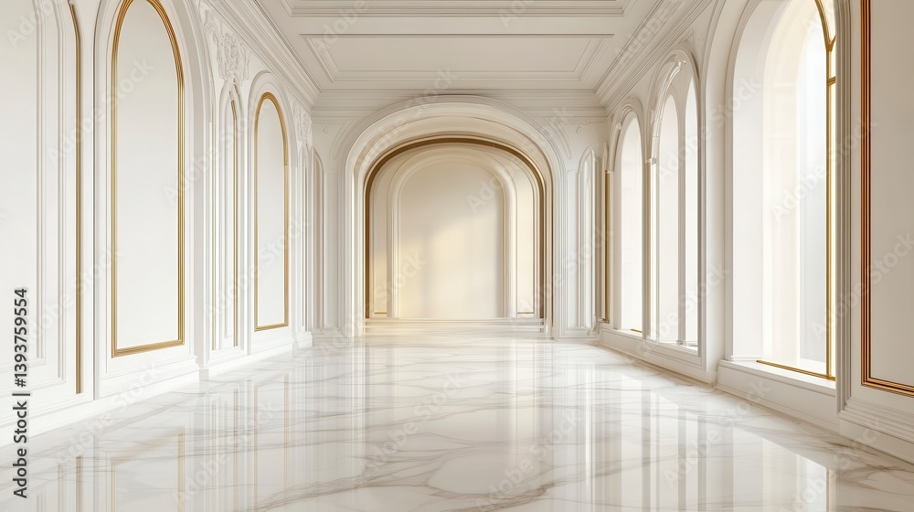 Elegant white hallway with arched windows and marble floor. Elegant white hallway with arched windows and marble floor.