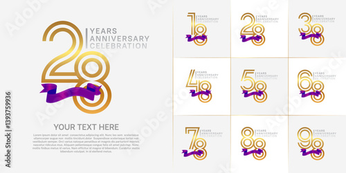 Anniversary logo type set with double line number. golden and silver color with purple ribbon for celebration event