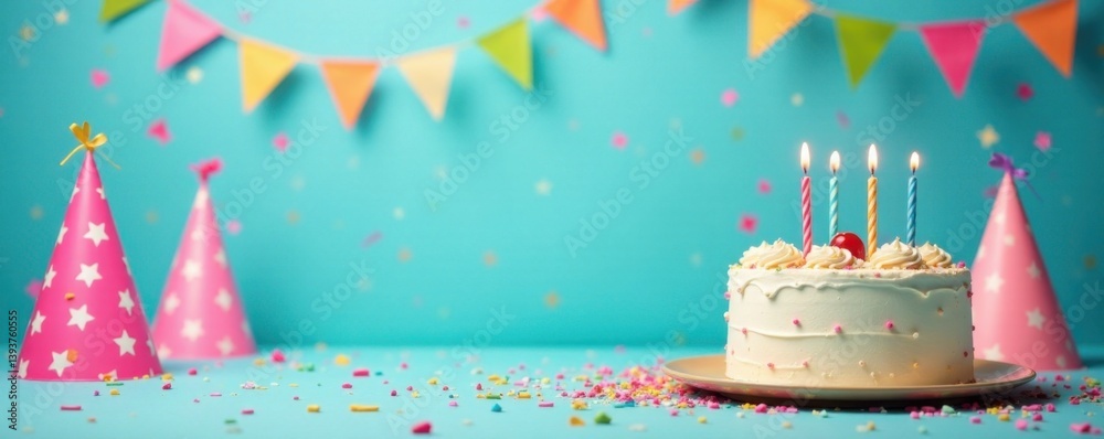 Vibrant background with party hats, streamers, and cake, birthday, streamers