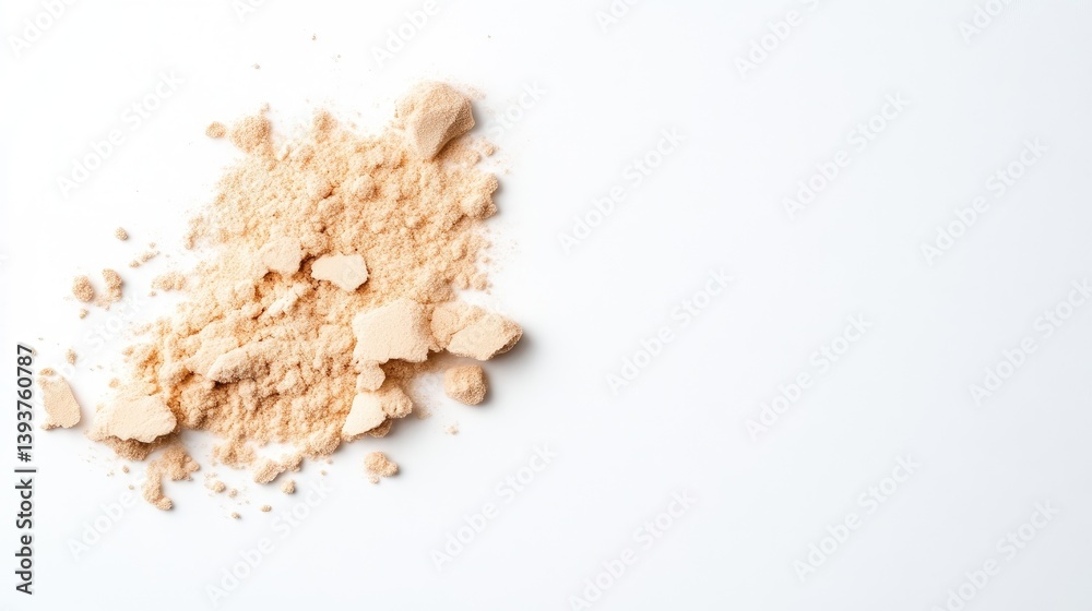 Loose beige powder scattered on white surface, close-up shot highlighting texture and fine particles, and minimalistic and clean composition. Loose beige powder scattered on white surface, close-up shot highlighting texture and fine particles, and minimalistic and clean composition.