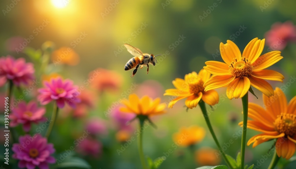 Yellow bee flying over vibrant colorful flowers in a garden, flowers, blooms Yellow bee flying over vibrant colorful flowers in a garden, flowers, blooms