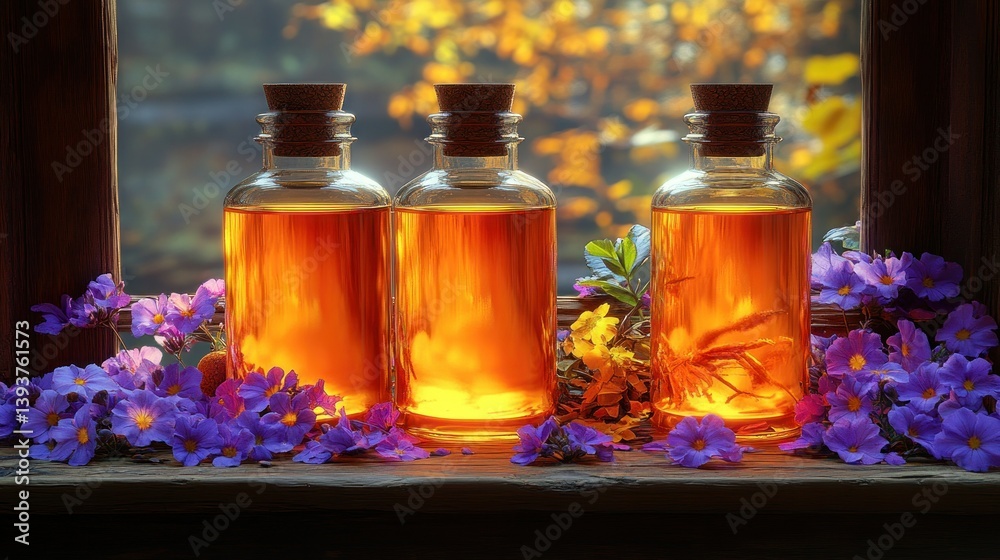 Three amber glass bottles of natural oils, with fall flowers on a windowsill Three amber glass bottles of natural oils, with fall flowers on a windowsill