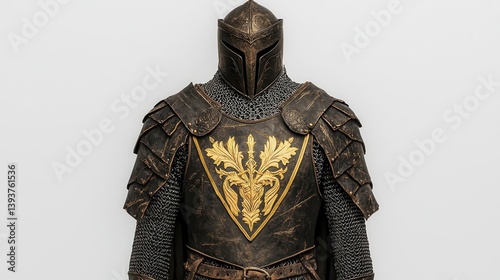 Enchanted knight s tabard with a royal crest, chainmail underneath, and gold embroidery, centered against a white background