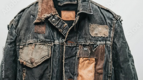 Postapocalyptic scavenger jacket with rugged patches, torn leather, and reinforced metal plates, set against white