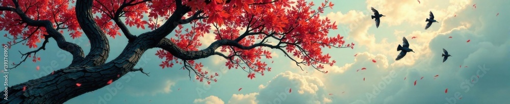 Twisted tree branches with swirls and birds in flight, nature, bird