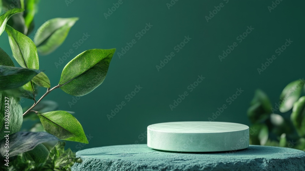 Green backdrop with foliage and a light mint-green cylinder Green backdrop with foliage and a light mint-green cylinder